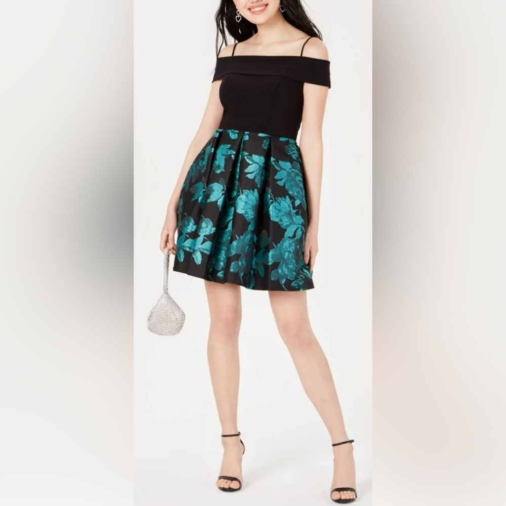 Morgan & Co Dress Party Black Bodice Teal & Black Sateen Pleated Skirt EUC 11 👍